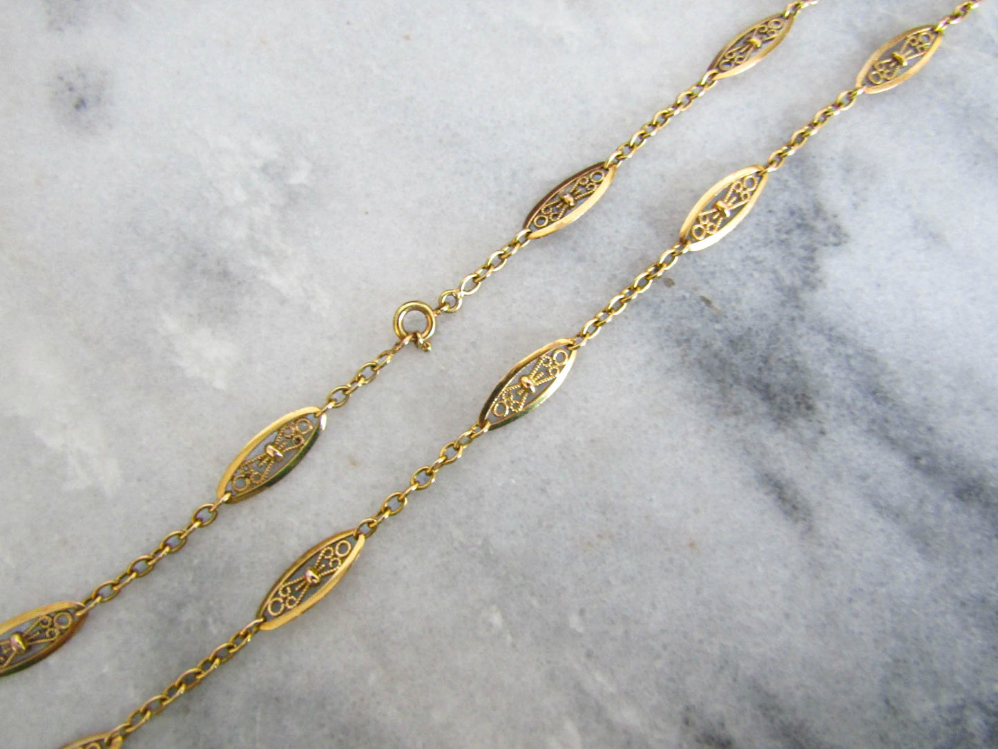 18K Solid Gold Victorian Filigree Chain, French Belle Epoque Sautoir Necklace, Solid Gold Half Guard Chain XIX Century