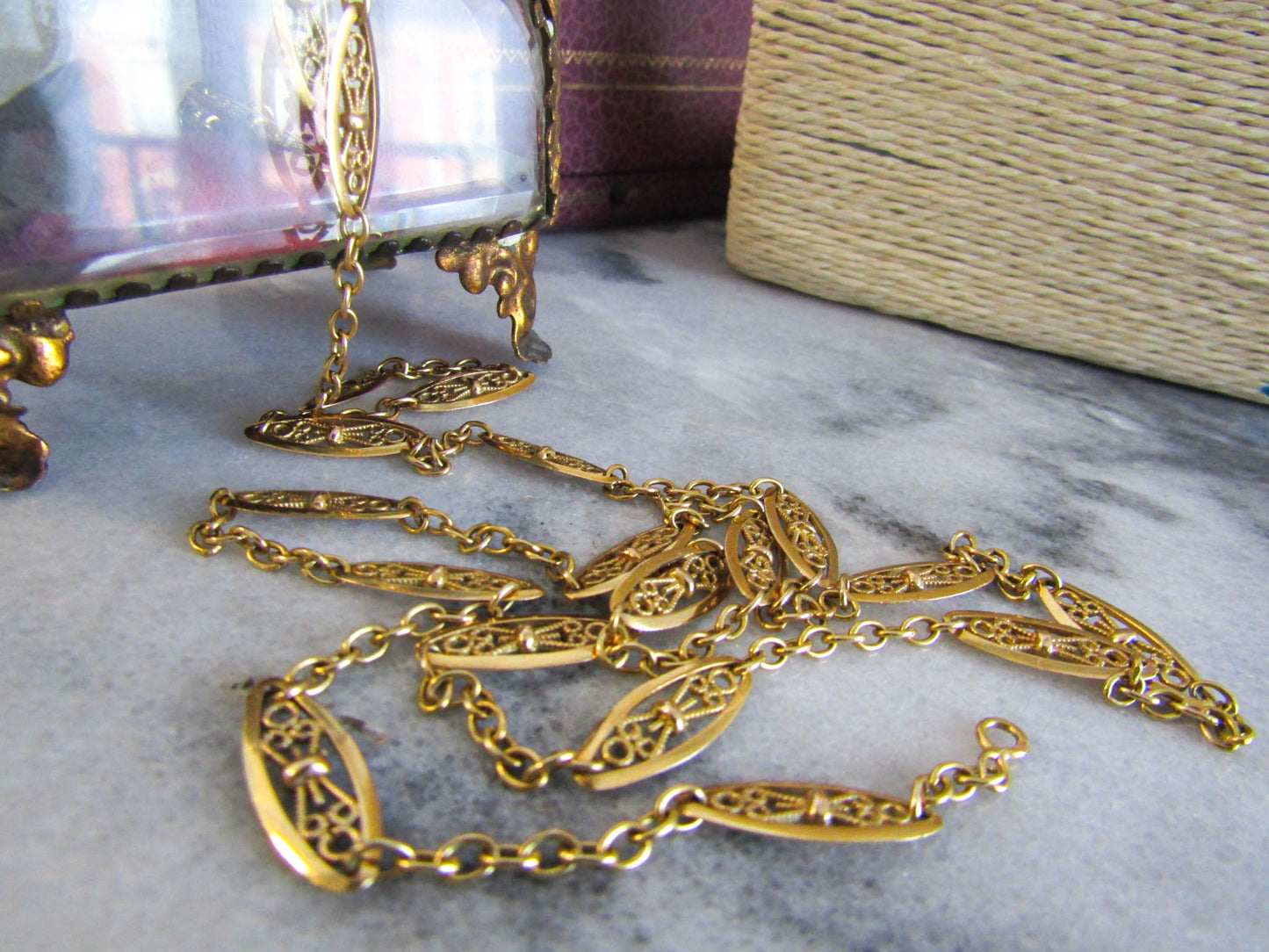 18K Solid Gold Victorian Filigree Chain, French Belle Epoque Sautoir Necklace, Solid Gold Half Guard Chain XIX Century