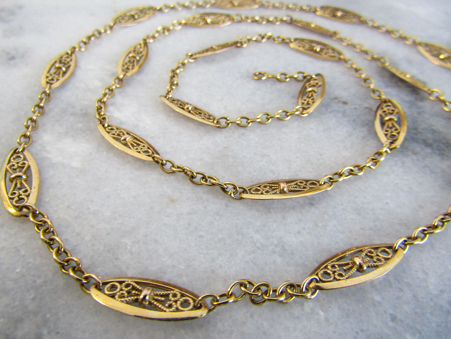 18K Solid Gold Victorian Filigree Chain, French Belle Epoque Sautoir Necklace, Solid Gold Half Guard Chain XIX Century