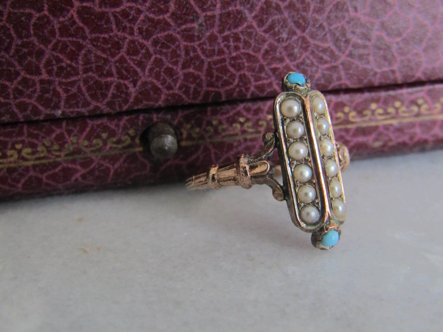 Antique French Victorian Pearl and Turquoise Marquise Ring, XIX Century Navette Ring