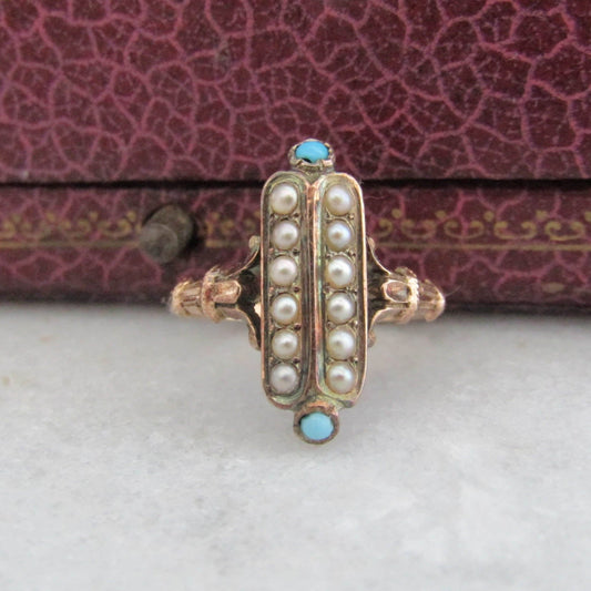 Antique French Victorian Pearl and Turquoise Marquise Ring, XIX Century Navette Ring