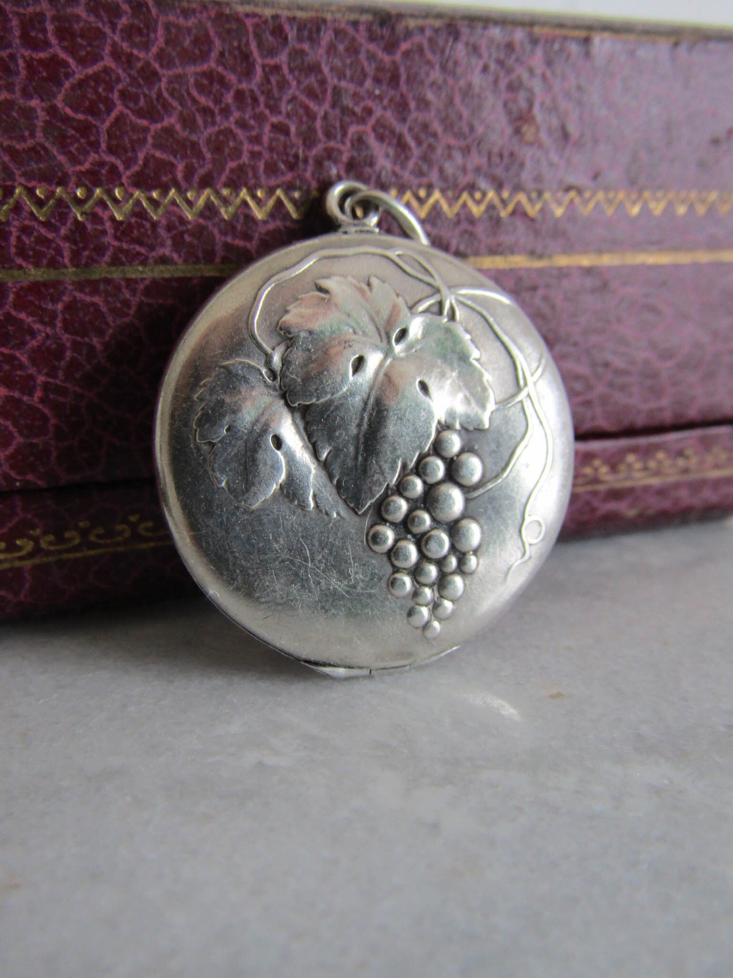 Art Nouveau Silver Grape Repousse Locket, Antique French Locket, Gift for her