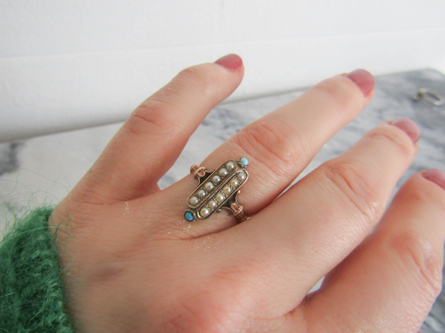 Antique French Victorian Pearl and Turquoise Marquise Ring, XIX Century Navette Ring