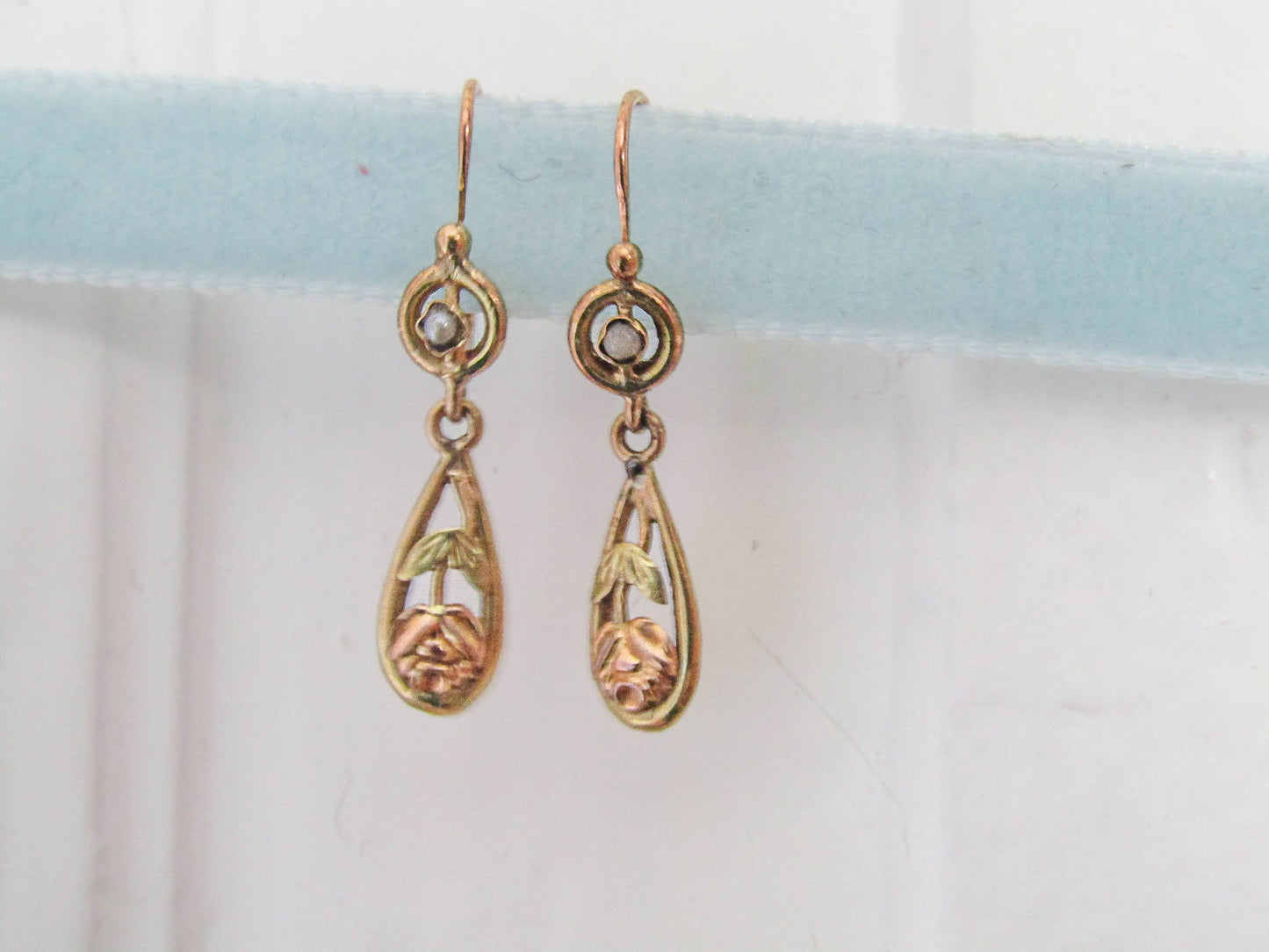 18k Gold Art Nouveau Antique Drop earrings, Vintage French Floral Dangle Earrings