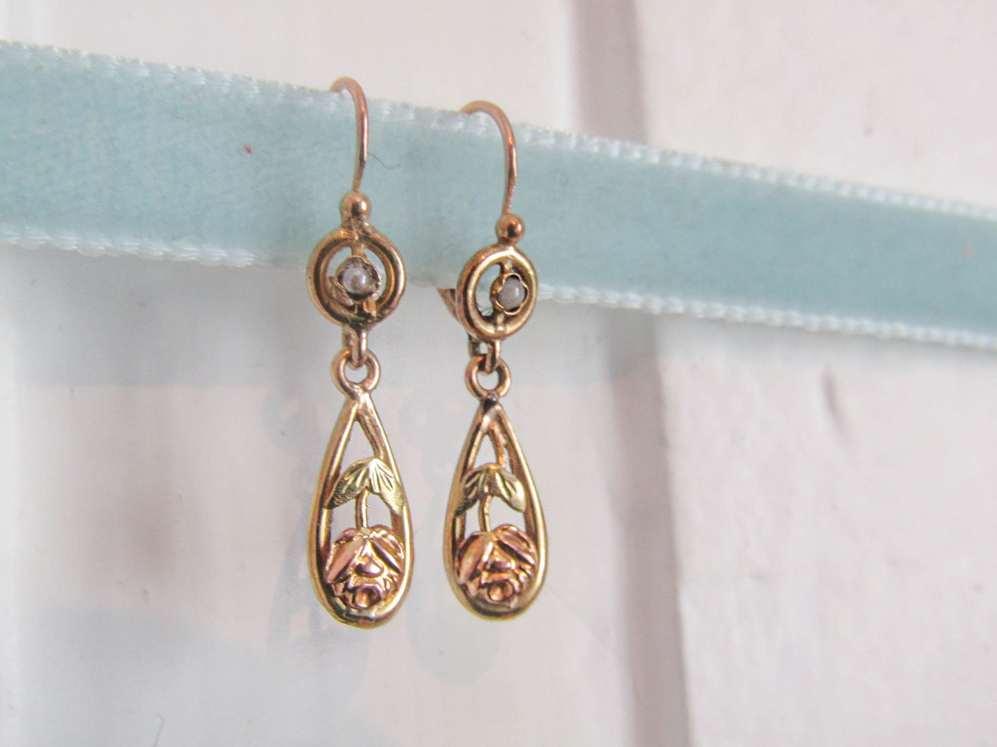 18k Gold Art Nouveau Antique Drop earrings, Vintage French Floral Dangle Earrings