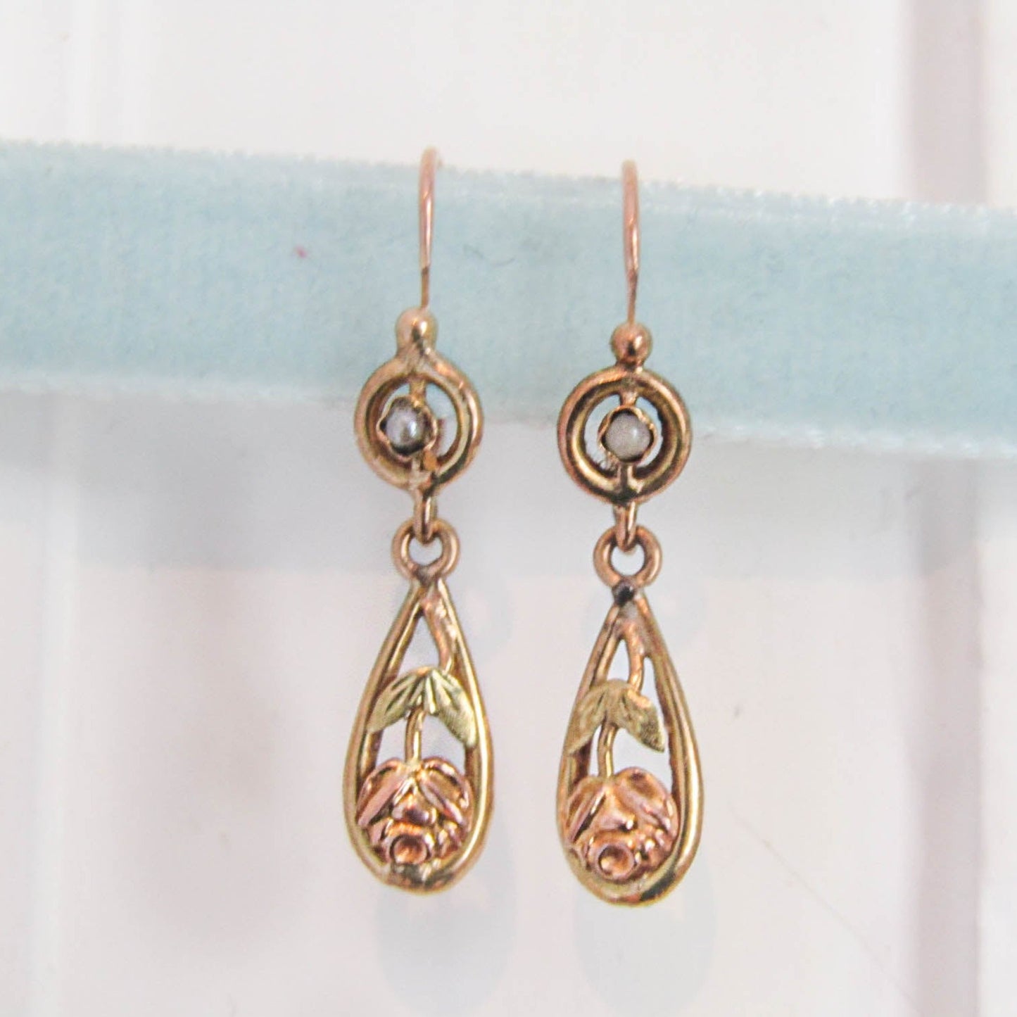 18k Gold Art Nouveau Antique Drop earrings, Vintage French Floral Dangle Earrings