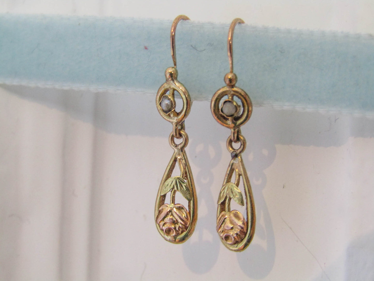 18k Gold Art Nouveau Antique Drop earrings, Vintage French Floral Dangle Earrings