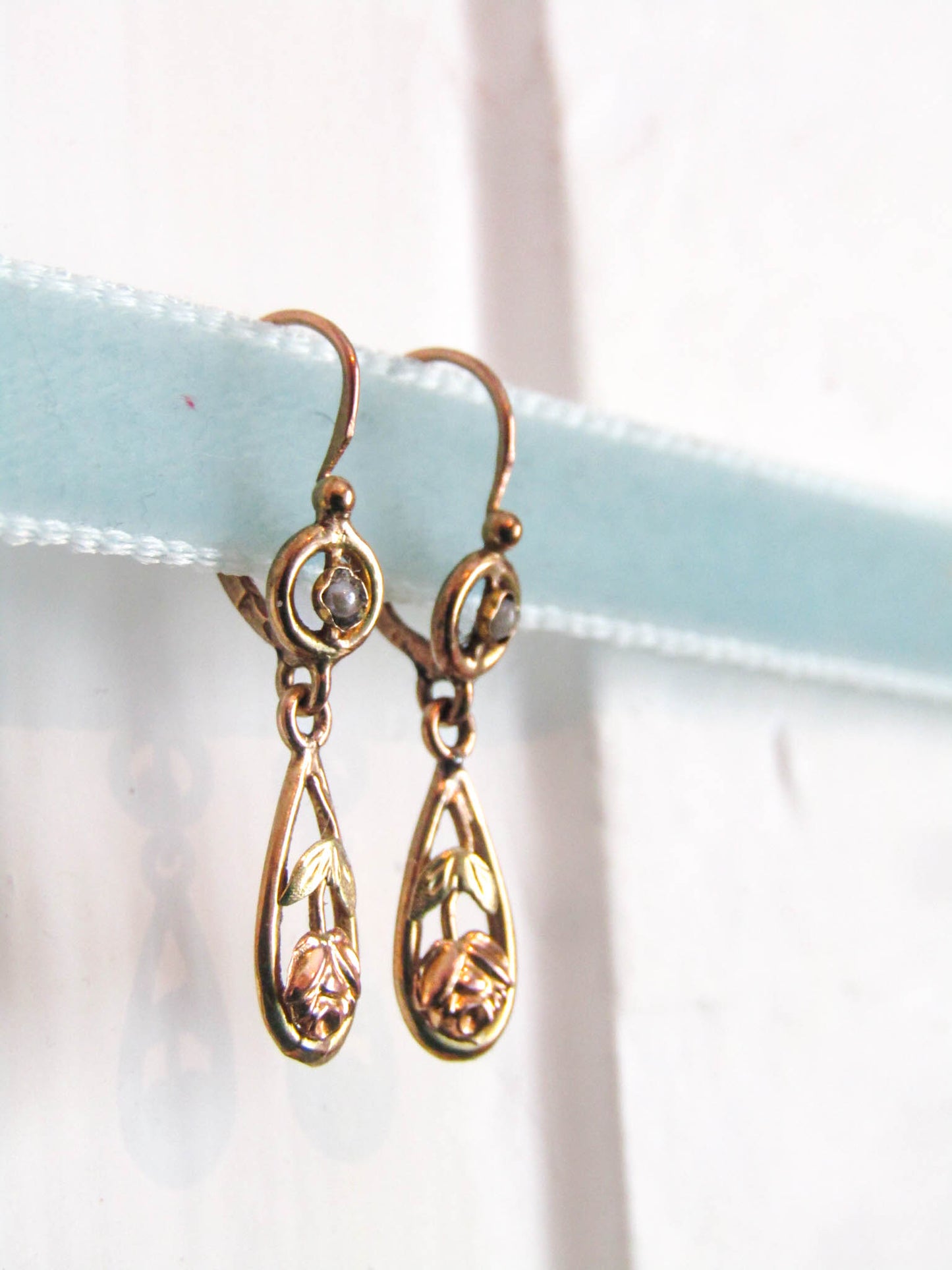 18k Gold Art Nouveau Antique Drop earrings, Vintage French Floral Dangle Earrings