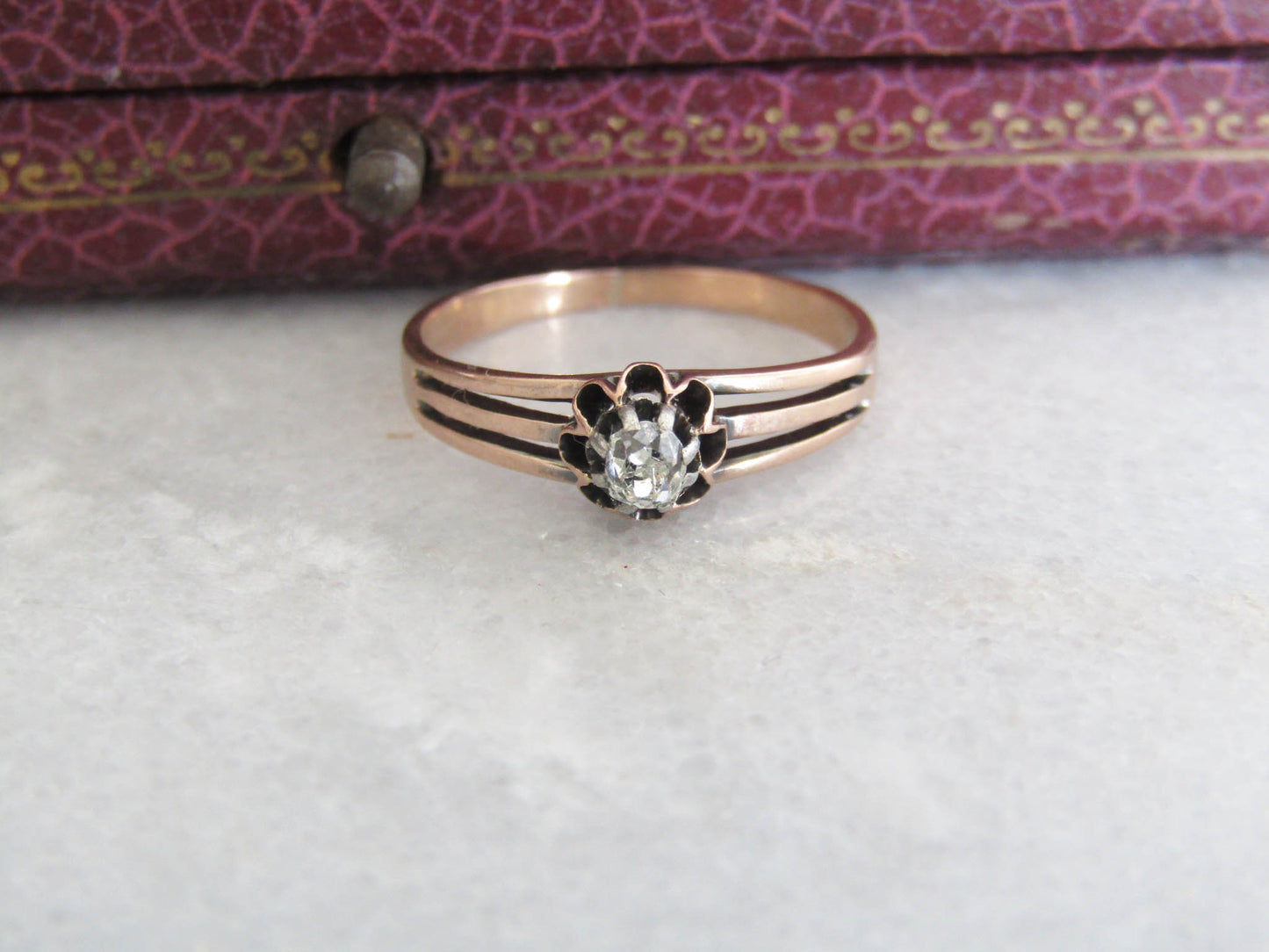 Antique 18K Diamond Buttercup Solitaire Ring, French Victorian Rose Gold Old Mine Cut Diamond Solitaire Engagement Ring, Belle Epoque Ring