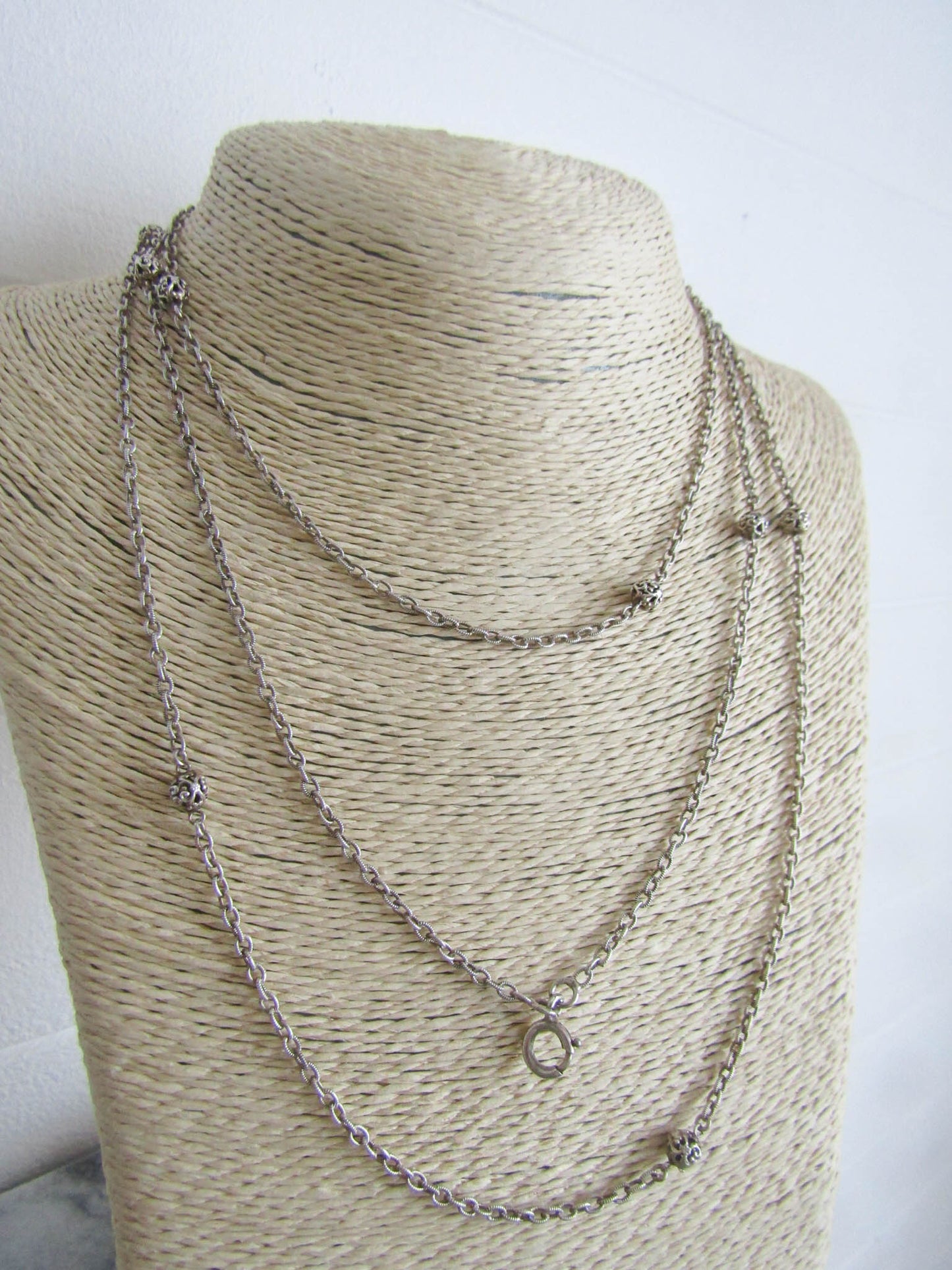 56" Silver Long Guard Chain, Antique French Muff Chain with Hanging Bolt Ring