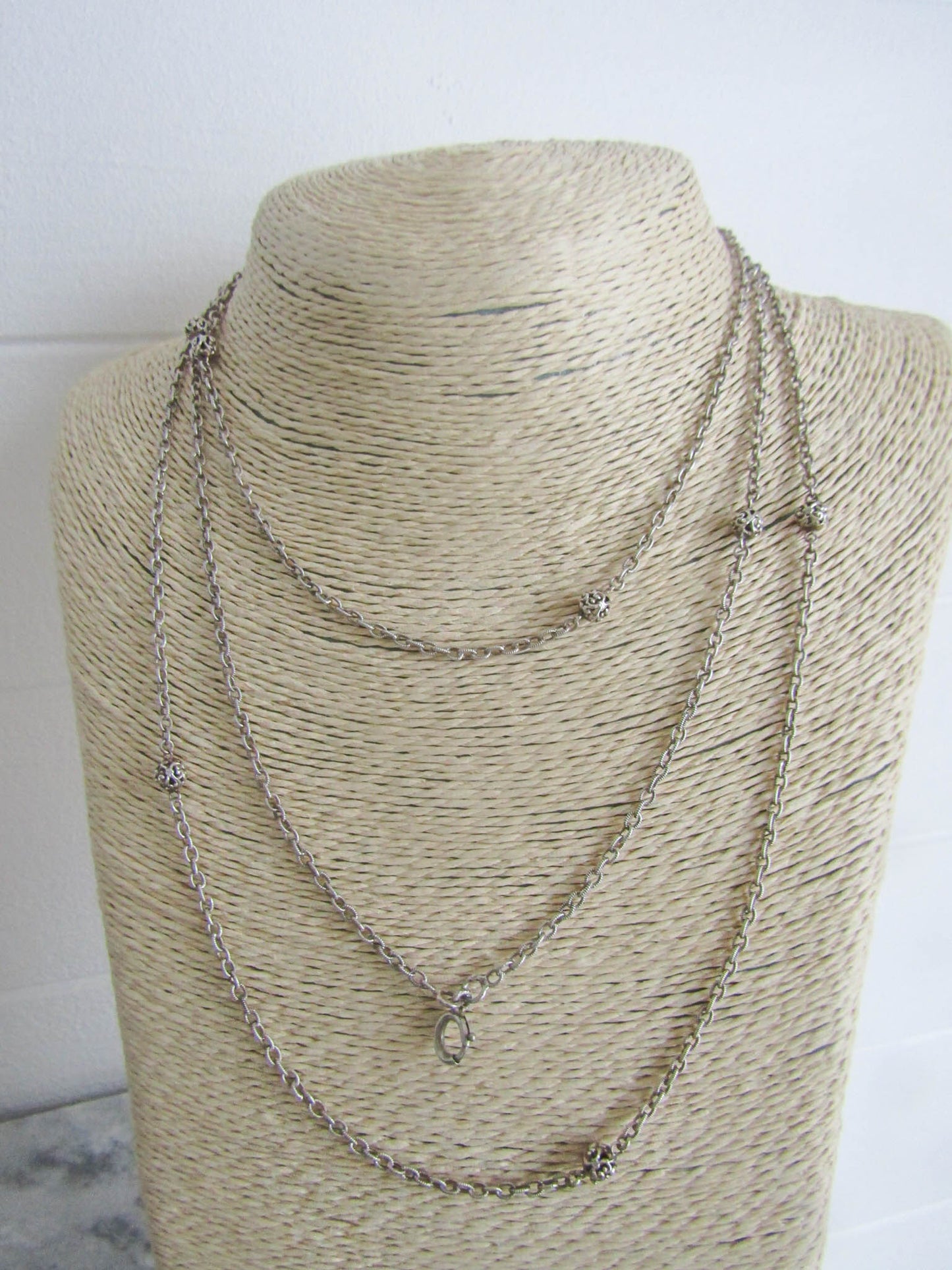 56" Silver Long Guard Chain, Antique French Muff Chain with Hanging Bolt Ring