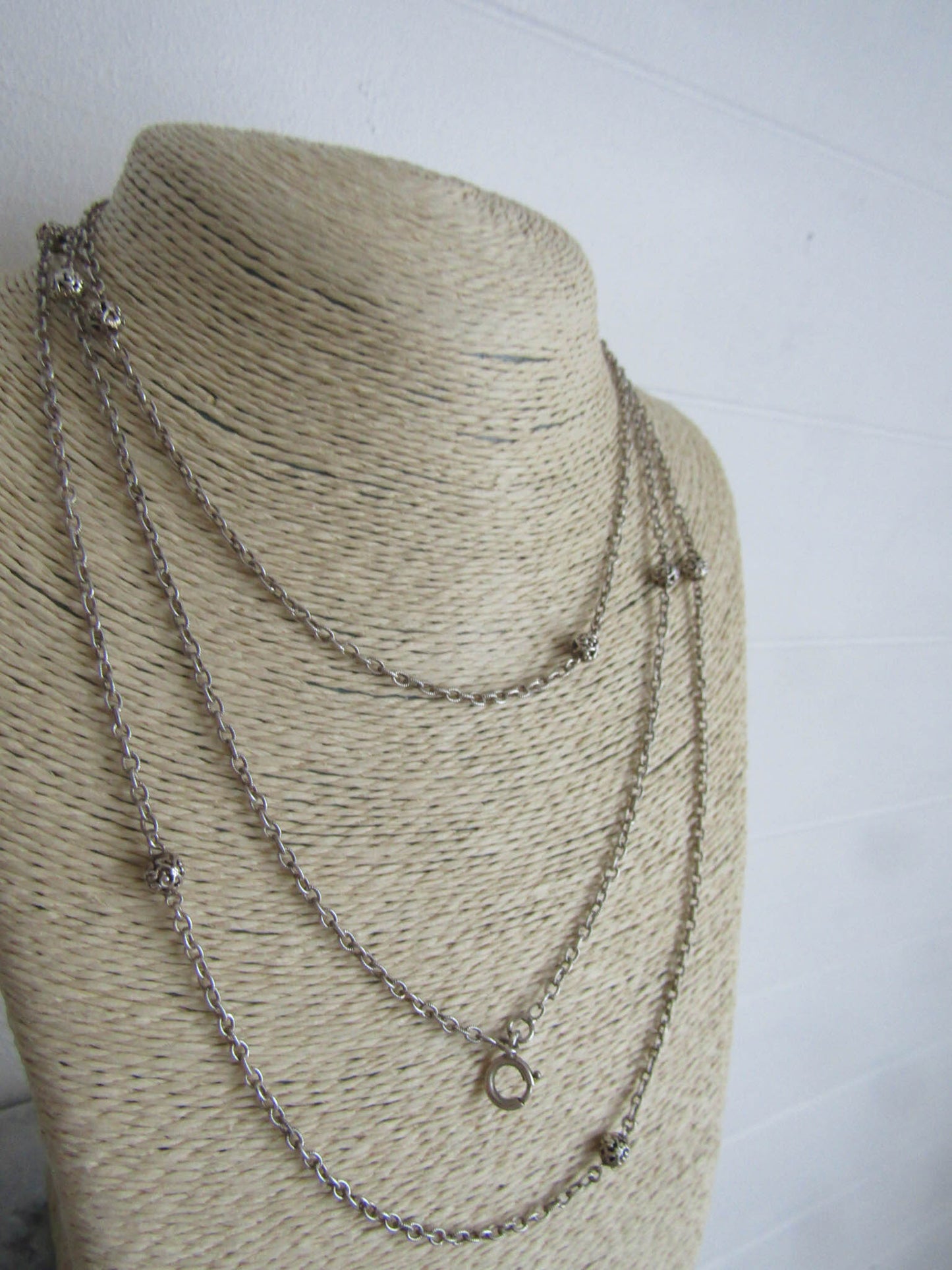 56" Silver Long Guard Chain, Antique French Muff Chain with Hanging Bolt Ring