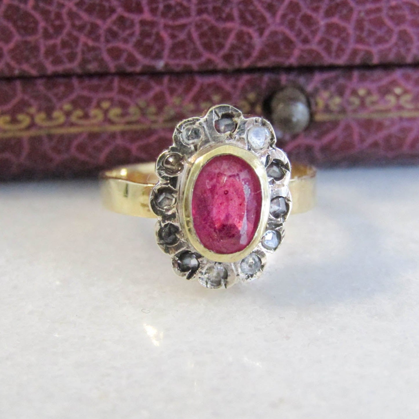 Antique 14K RUBY and Rose Cut Diamond Halo Ring, Vintage Pompadour Ring