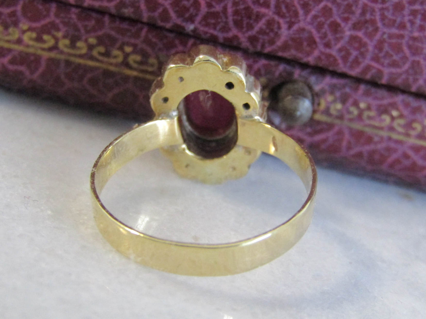 Antique 14K RUBY and Rose Cut Diamond Halo Ring, Vintage Pompadour Ring