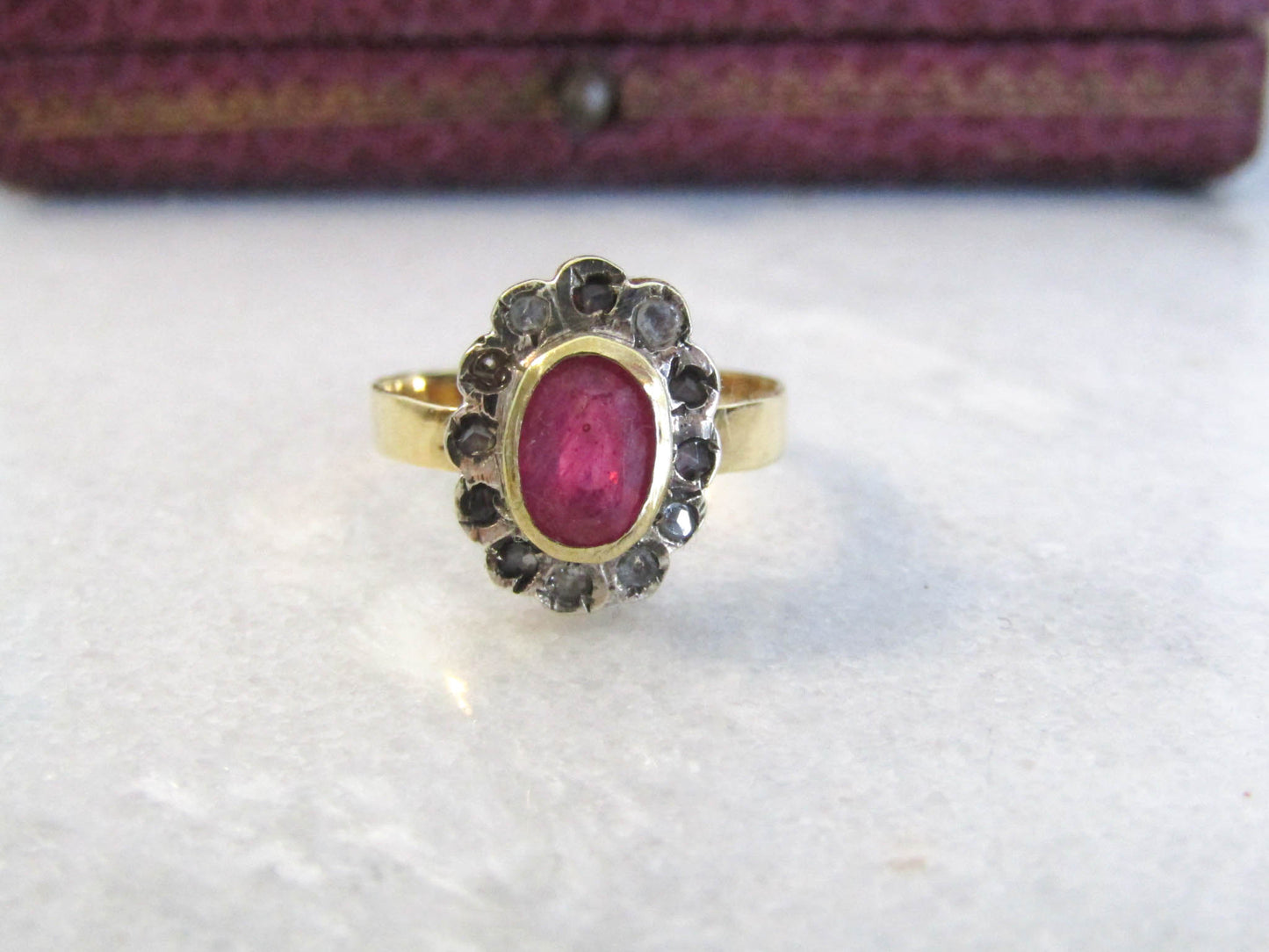 Antique 14K RUBY and Rose Cut Diamond Halo Ring, Vintage Pompadour Ring