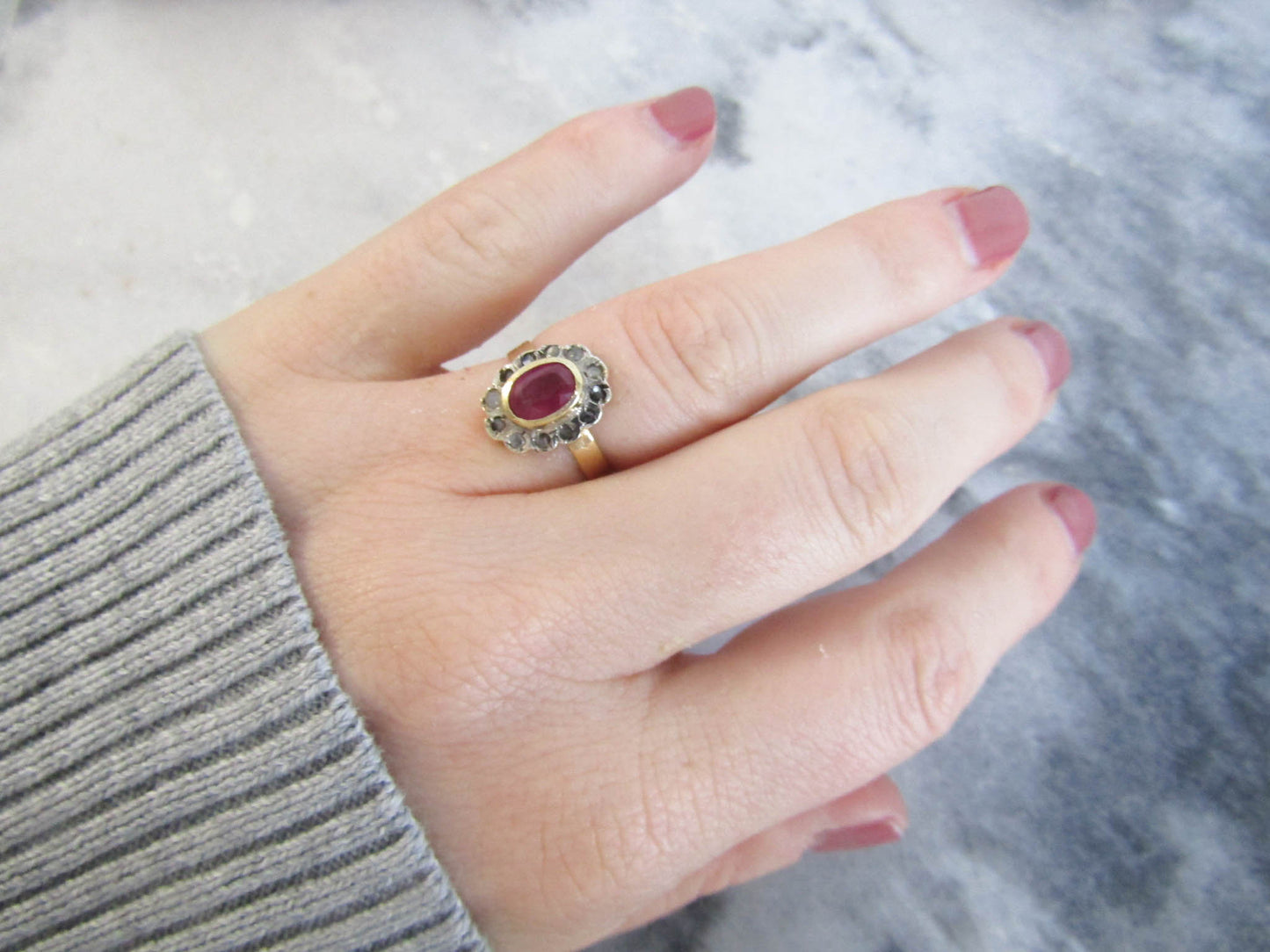 Antique 14K RUBY and Rose Cut Diamond Halo Ring, Vintage Pompadour Ring