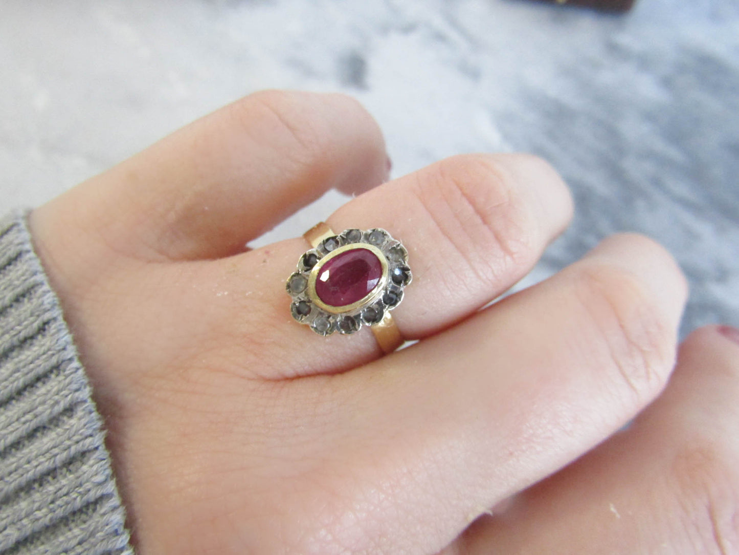 Antique 14K RUBY and Rose Cut Diamond Halo Ring, Vintage Pompadour Ring