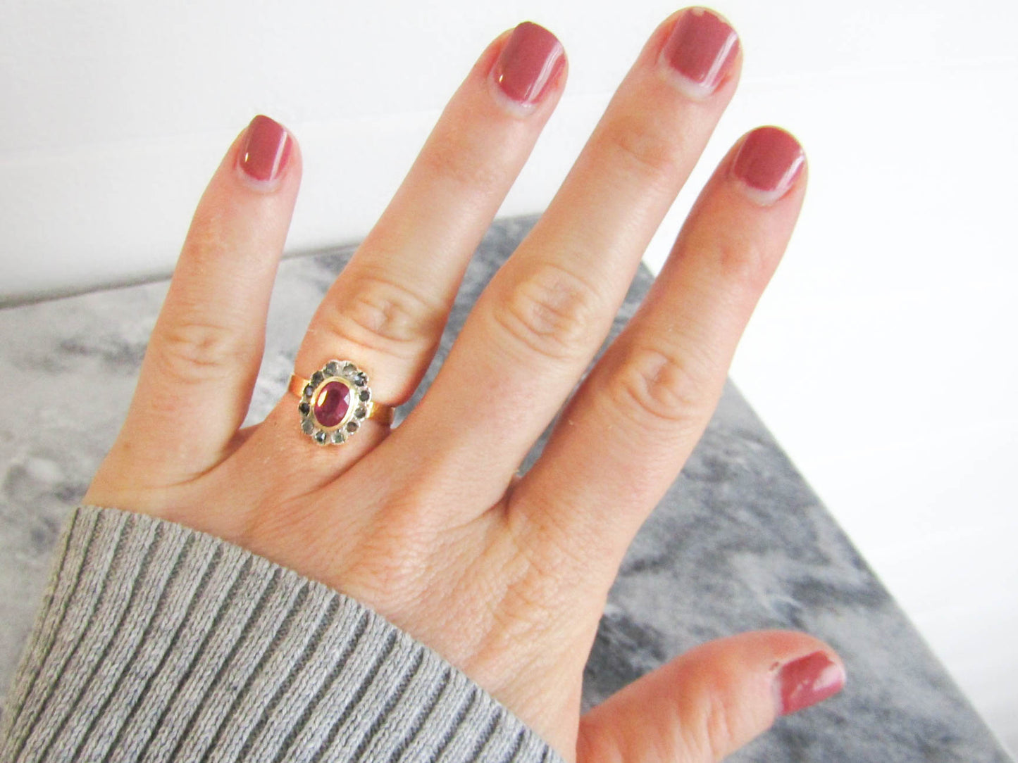 Antique 14K RUBY and Rose Cut Diamond Halo Ring, Vintage Pompadour Ring