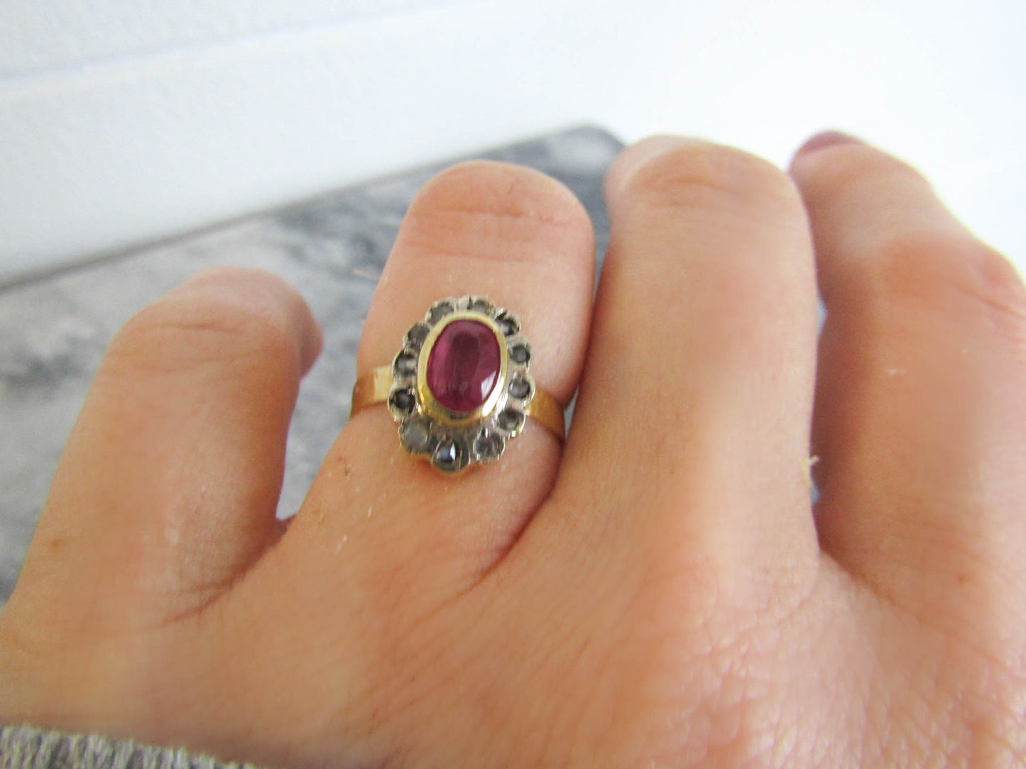 Antique 14K RUBY and Rose Cut Diamond Halo Ring, Vintage Pompadour Ring