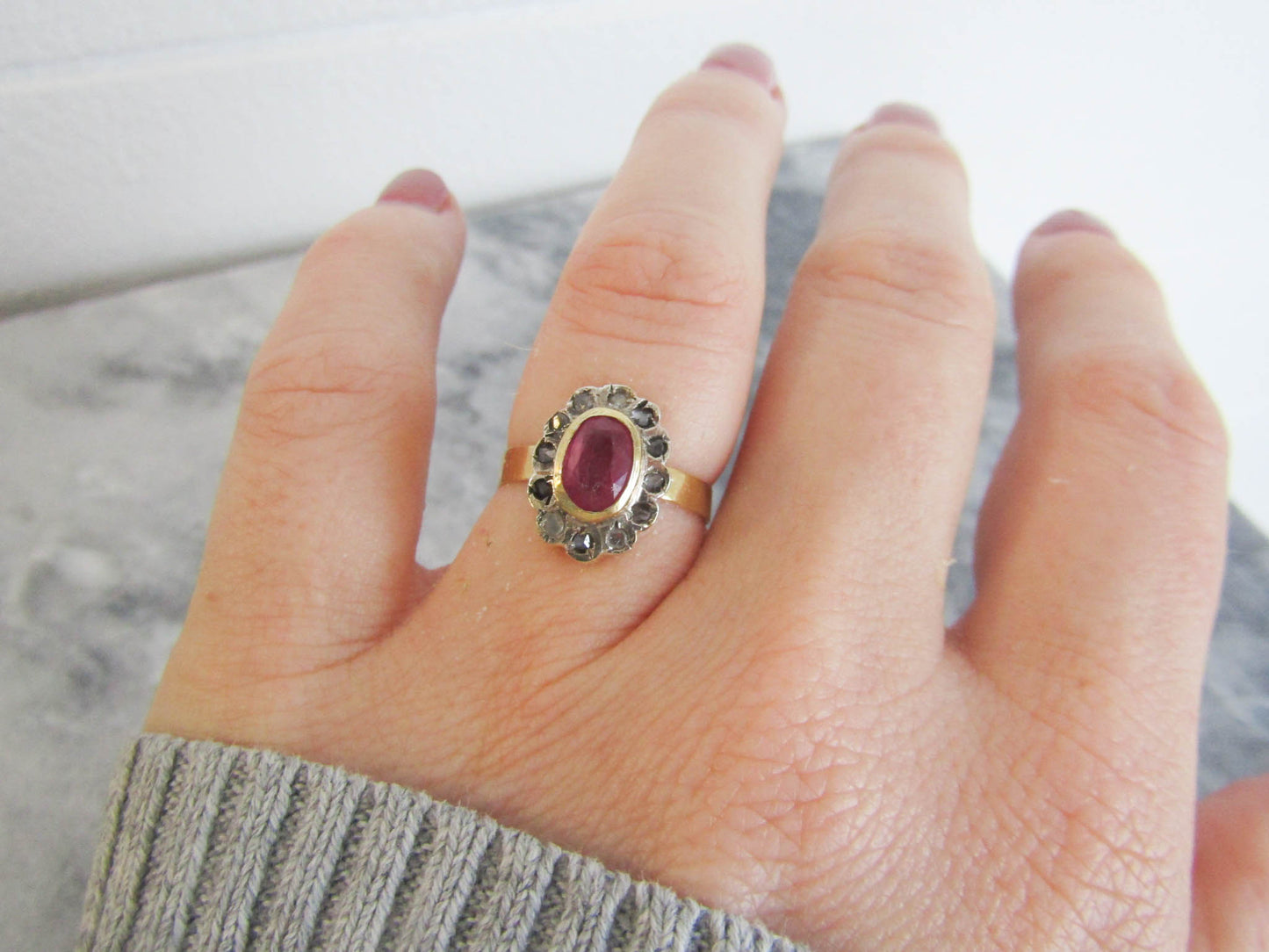 Antique 14K RUBY and Rose Cut Diamond Halo Ring, Vintage Pompadour Ring