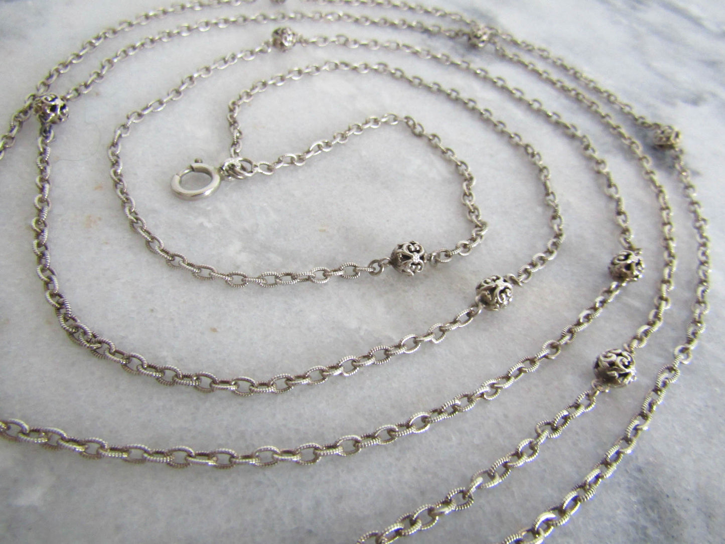 56" Silver Long Guard Chain, Antique French Muff Chain with Hanging Bolt Ring