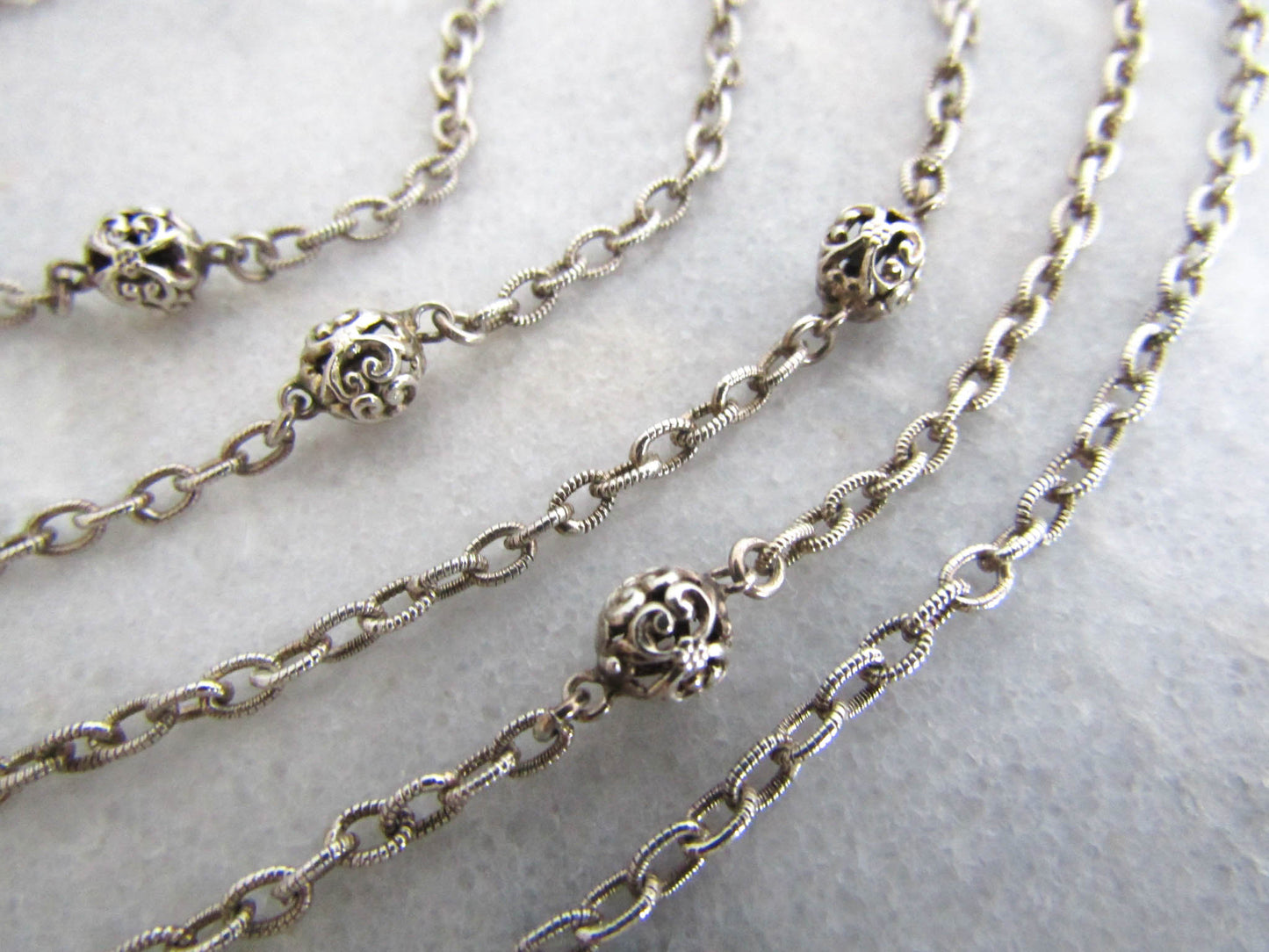 56" Silver Long Guard Chain, Antique French Muff Chain with Hanging Bolt Ring