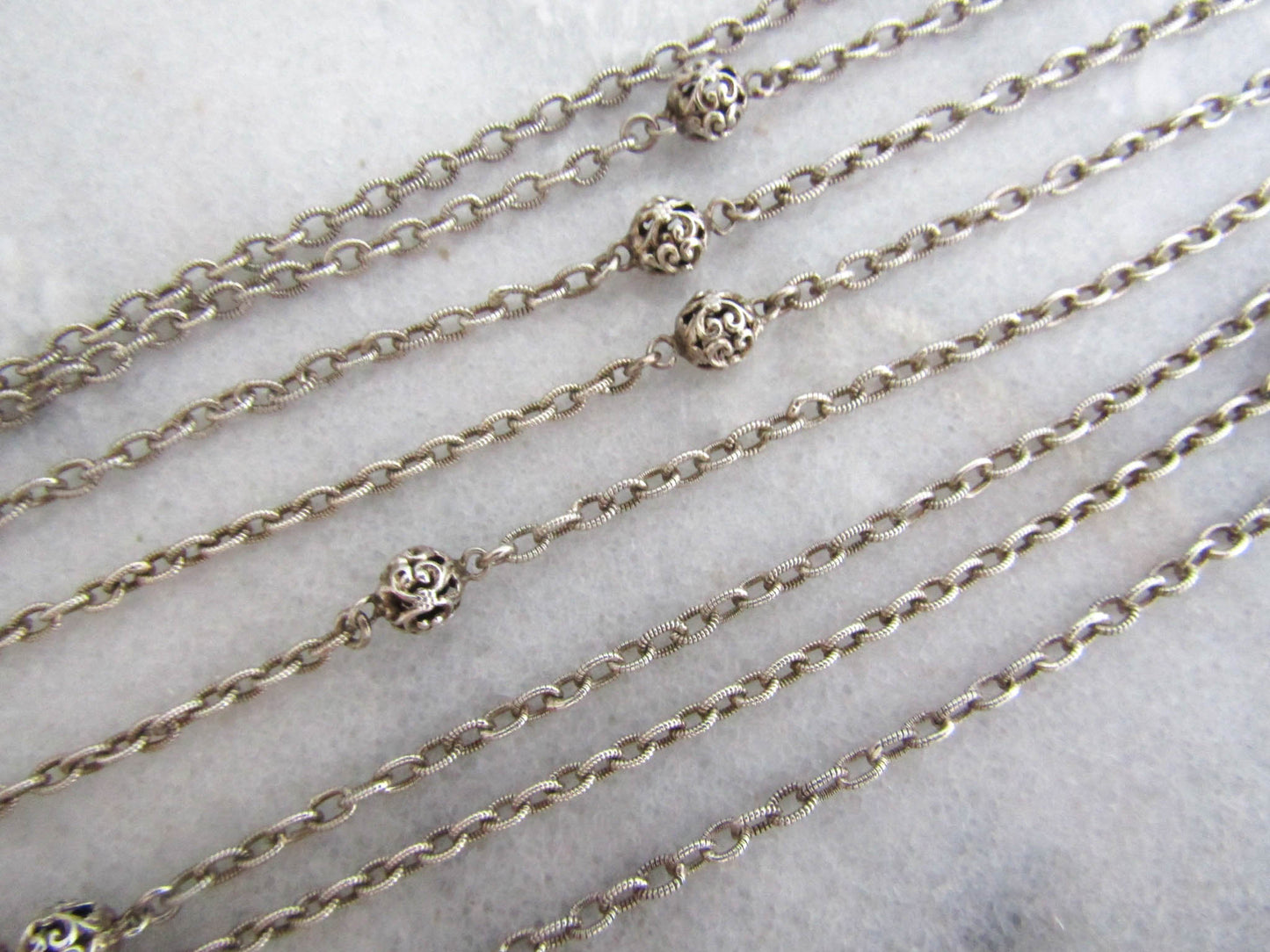 56" Silver Long Guard Chain, Antique French Muff Chain with Hanging Bolt Ring