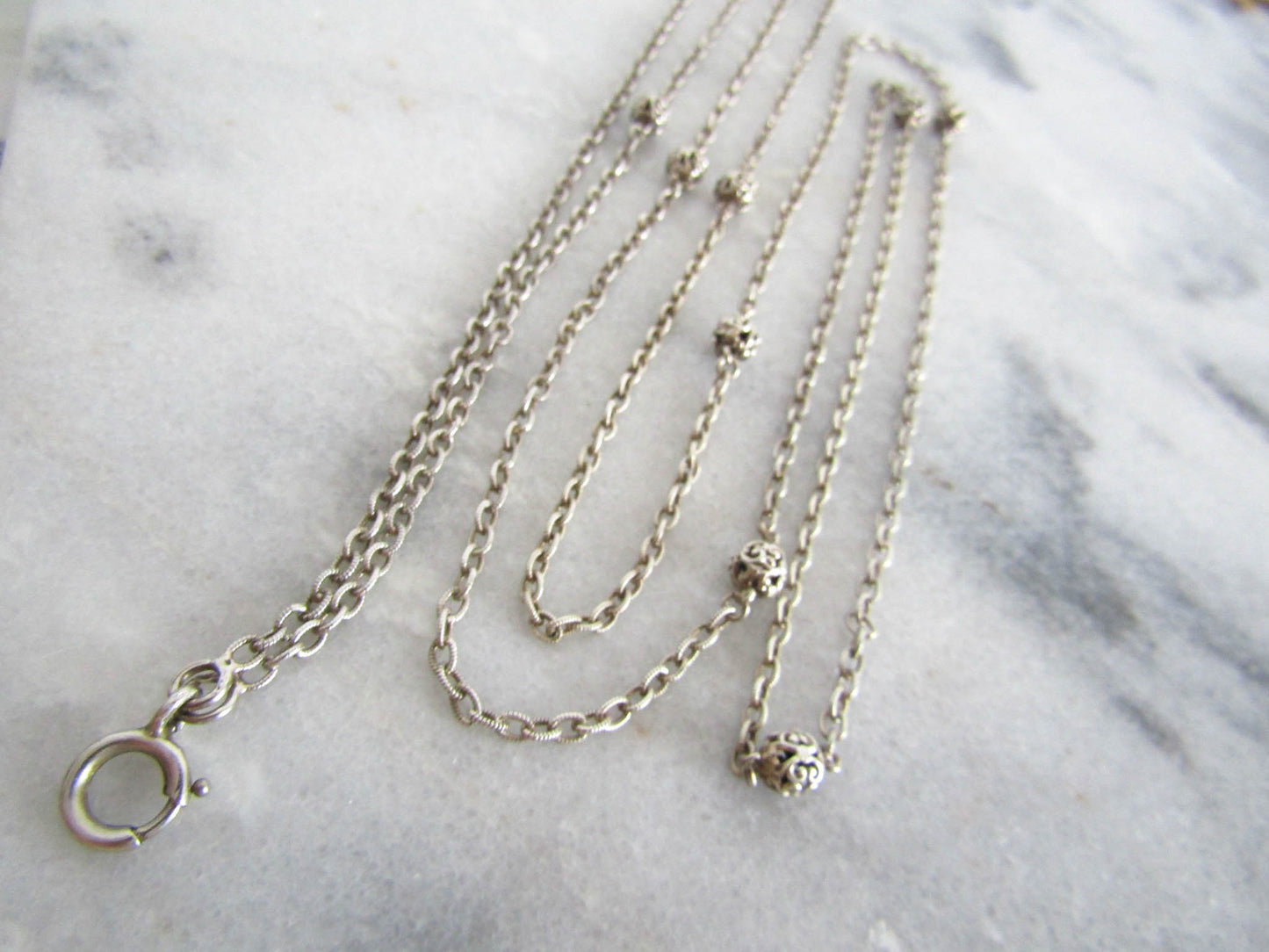 56" Silver Long Guard Chain, Antique French Muff Chain with Hanging Bolt Ring