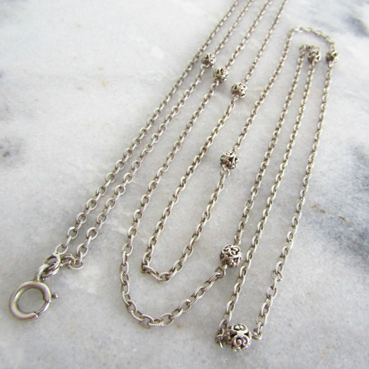 56" Silver Long Guard Chain, Antique French Muff Chain with Hanging Bolt Ring