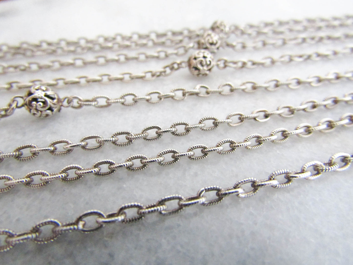 56" Silver Long Guard Chain, Antique French Muff Chain with Hanging Bolt Ring