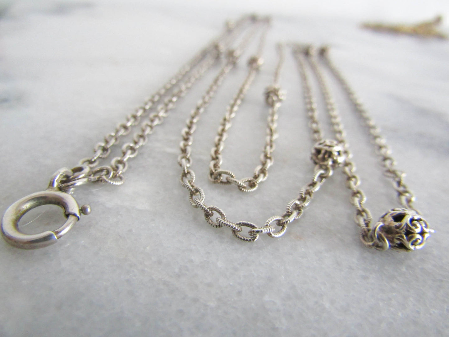 56" Silver Long Guard Chain, Antique French Muff Chain with Hanging Bolt Ring