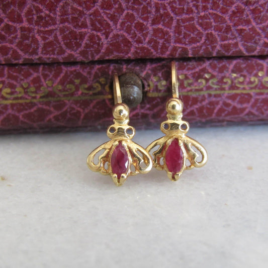 Vintage 18K and Ruby fly earrings, French small drop dormeuse earrings