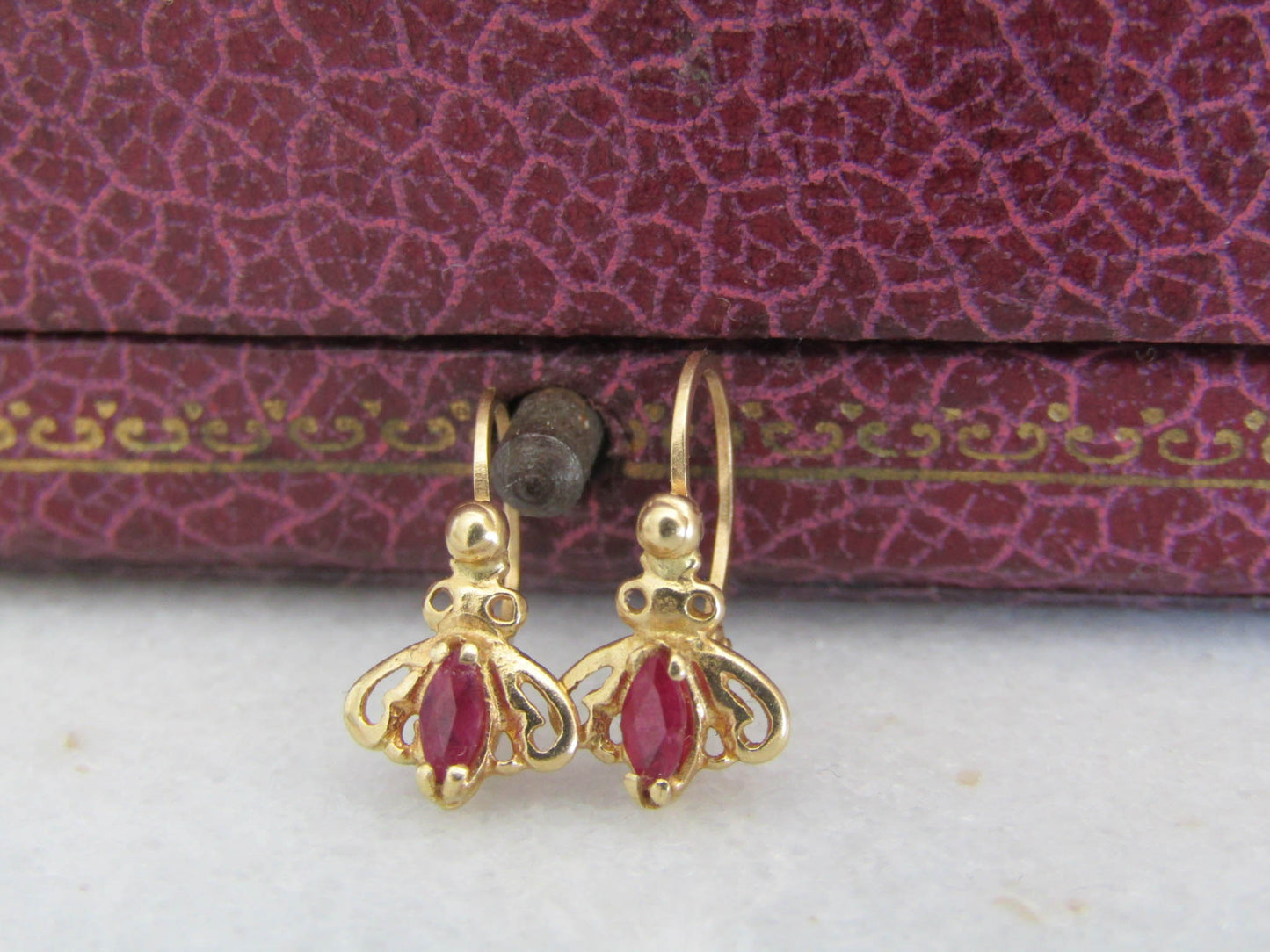 Vintage 18K and Ruby fly earrings, French small drop dormeuse earrings