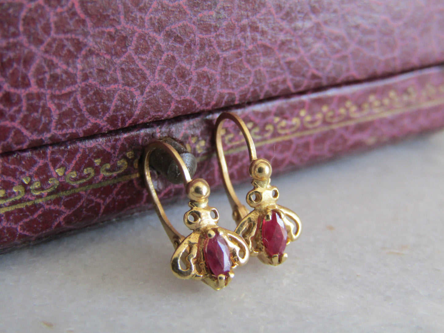 Vintage 18K and Ruby fly earrings, French small drop dormeuse earrings