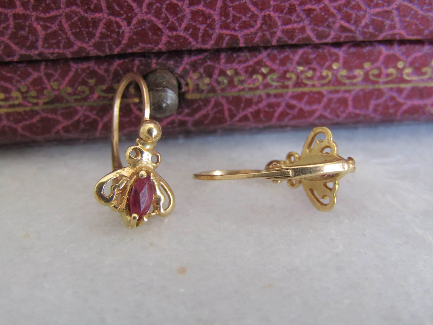 Vintage 18K and Ruby fly earrings, French small drop dormeuse earrings