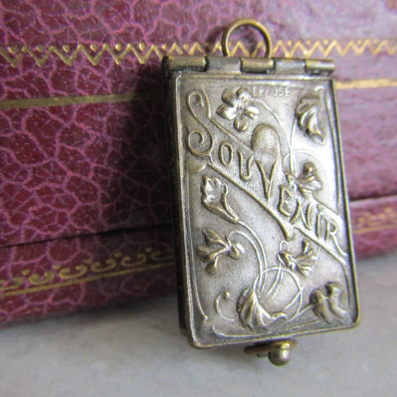 Antique French Art Nouveau Book Pendant with photos, Art Nouveau travel locket c. 1900