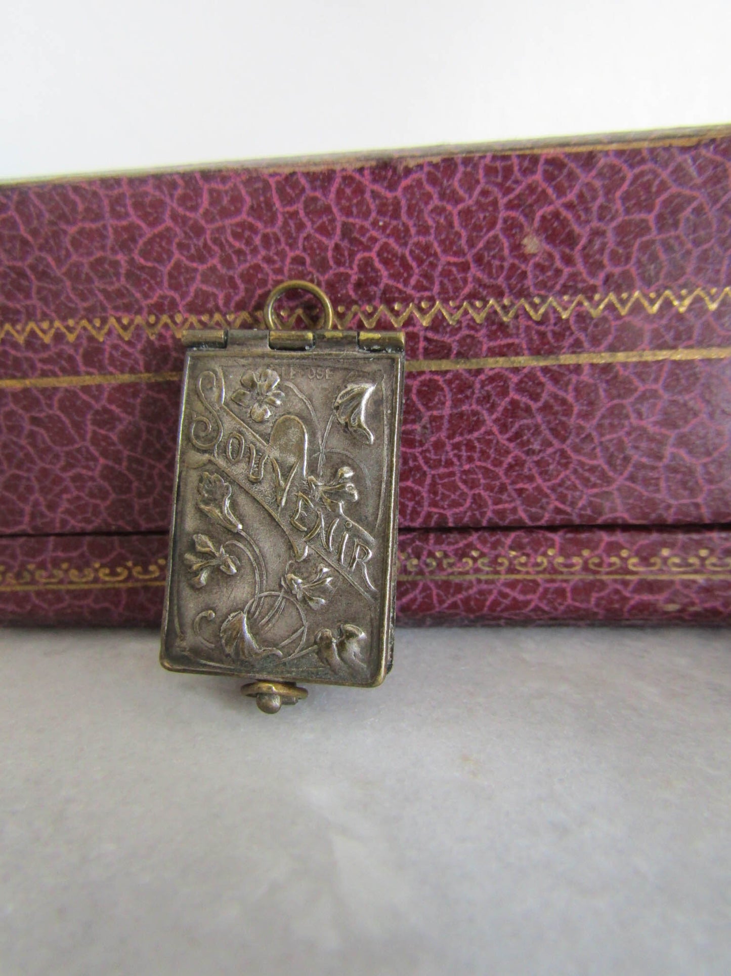 Antique French Art Nouveau Book Pendant with photos, Art Nouveau travel locket c. 1900