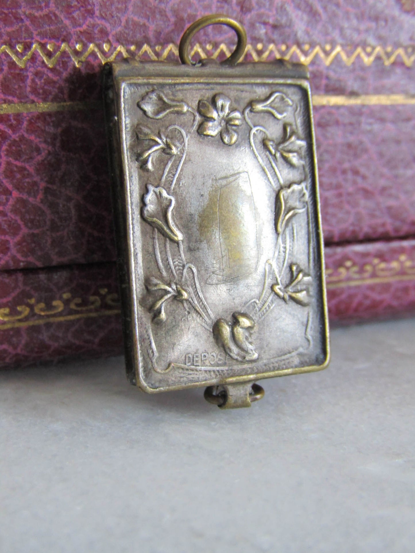 Antique French Art Nouveau Book Pendant with photos, Art Nouveau travel locket c. 1900