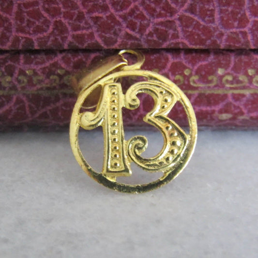 18k Vintage Lucky 13 Charm, Solid Gold Lucky Thirteeth Pendant