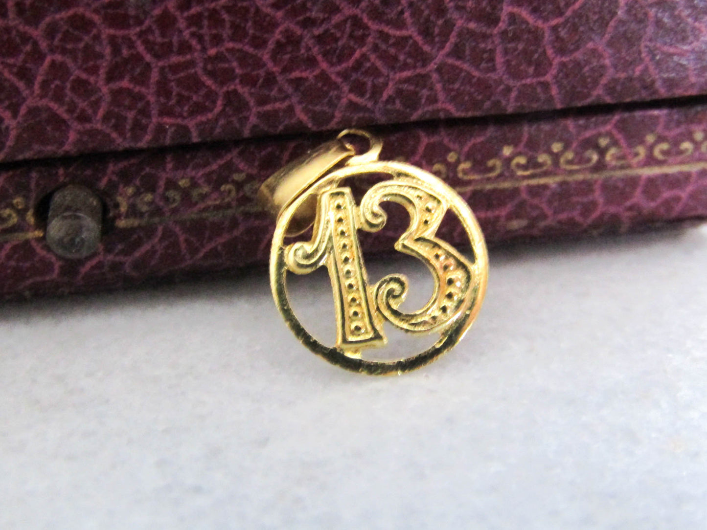 18k Vintage Lucky 13 Charm, Solid Gold Lucky Thirteeth Pendant