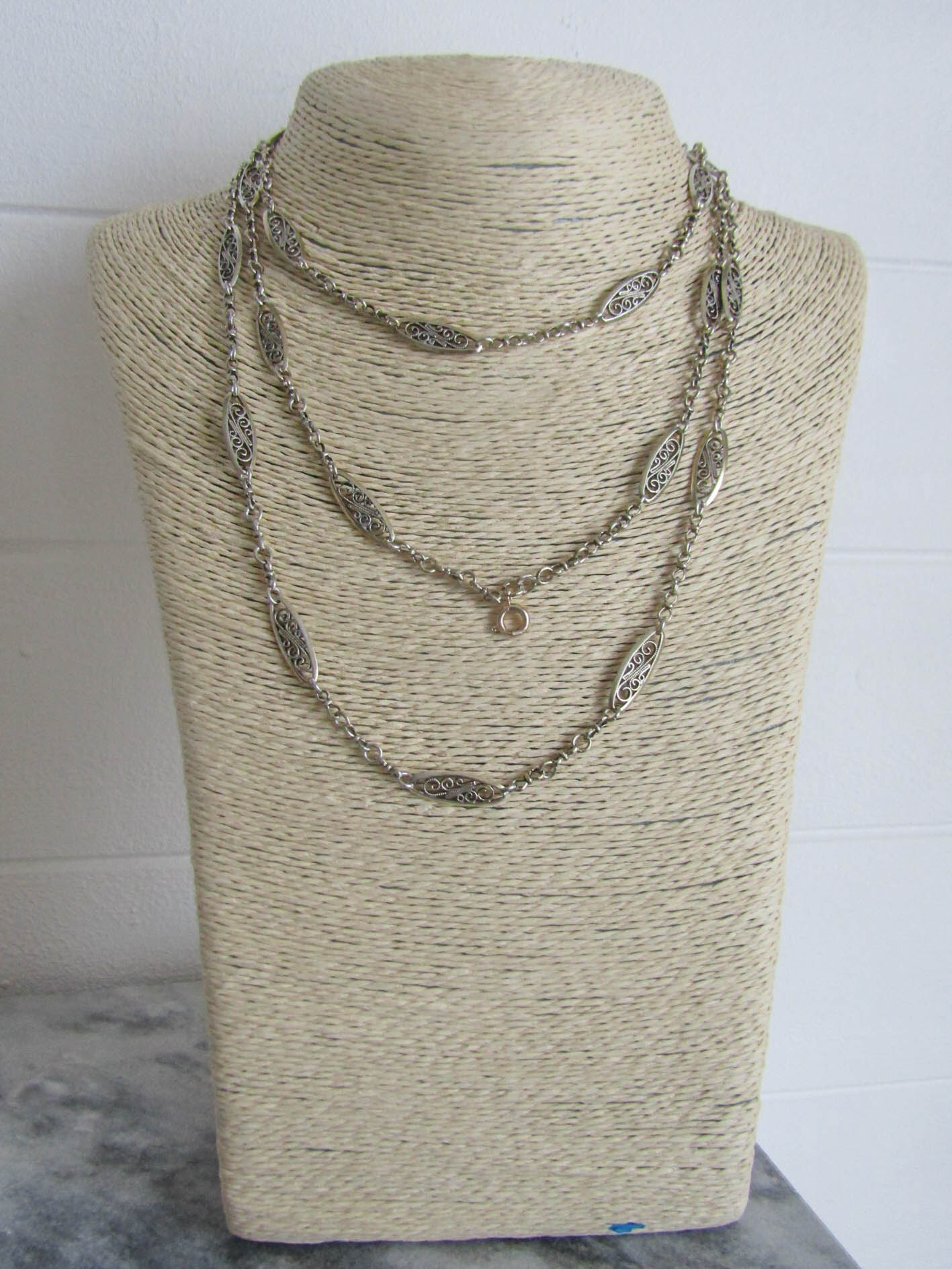 53.5" Antique French Silver Filigree Long Guard Chain, Victorian Muff Chain with hanging bolt ring