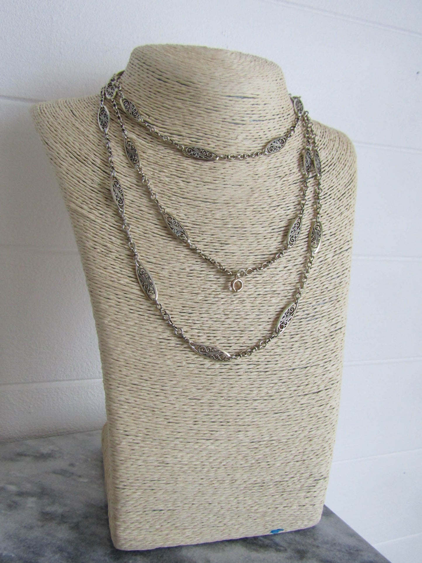 53.5" Antique French Silver Filigree Long Guard Chain, Victorian Muff Chain with hanging bolt ring