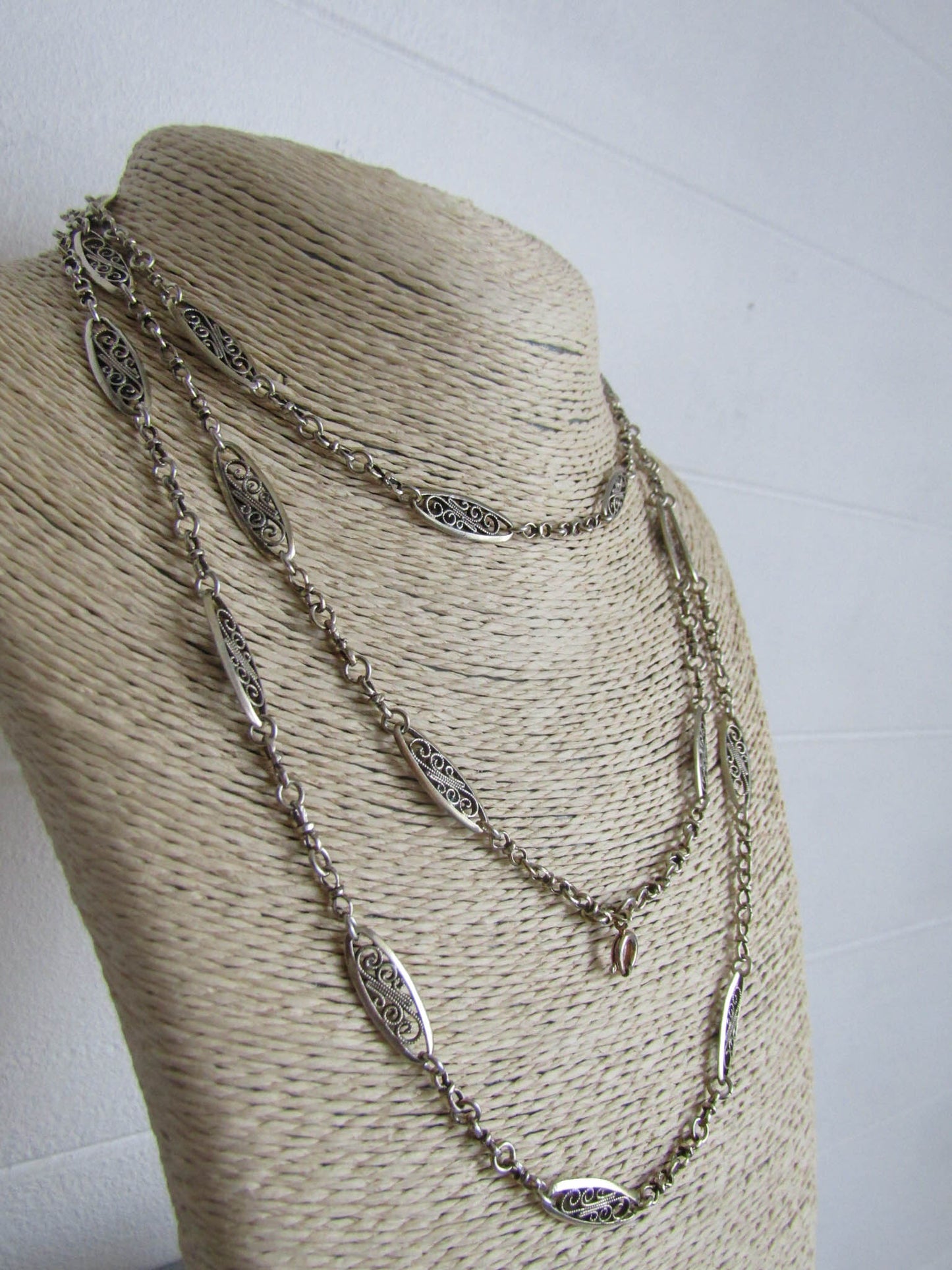 53.5" Antique French Silver Filigree Long Guard Chain, Victorian Muff Chain with hanging bolt ring