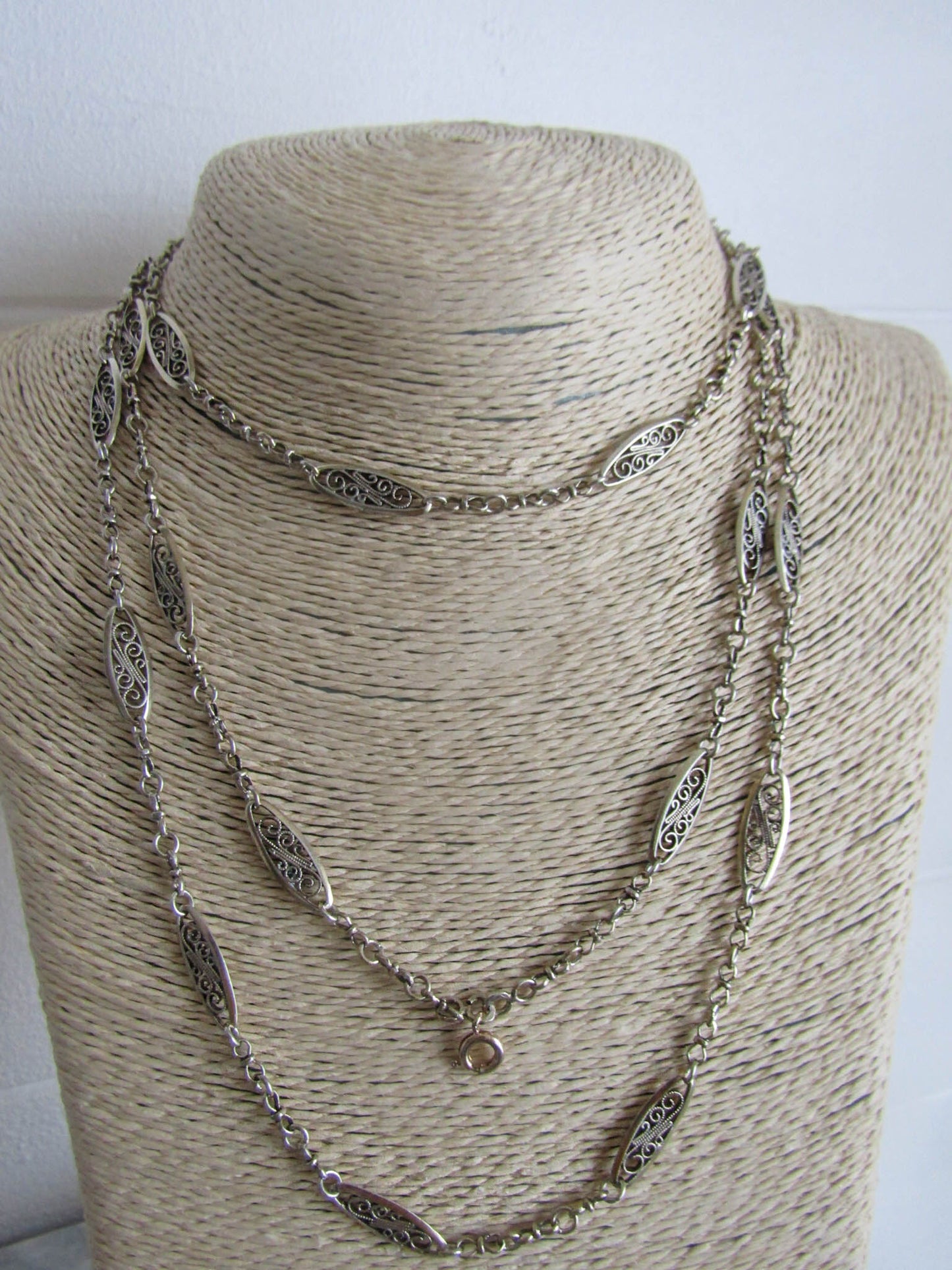 53.5" Antique French Silver Filigree Long Guard Chain, Victorian Muff Chain with hanging bolt ring