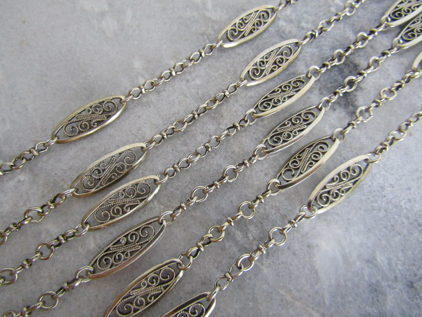 53.5" Antique French Silver Filigree Long Guard Chain, Victorian Muff Chain with hanging bolt ring