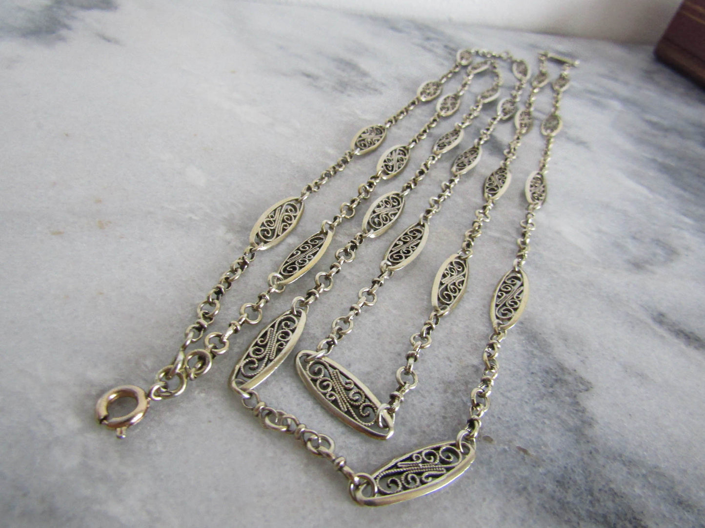 53.5" Antique French Silver Filigree Long Guard Chain, Victorian Muff Chain with hanging bolt ring