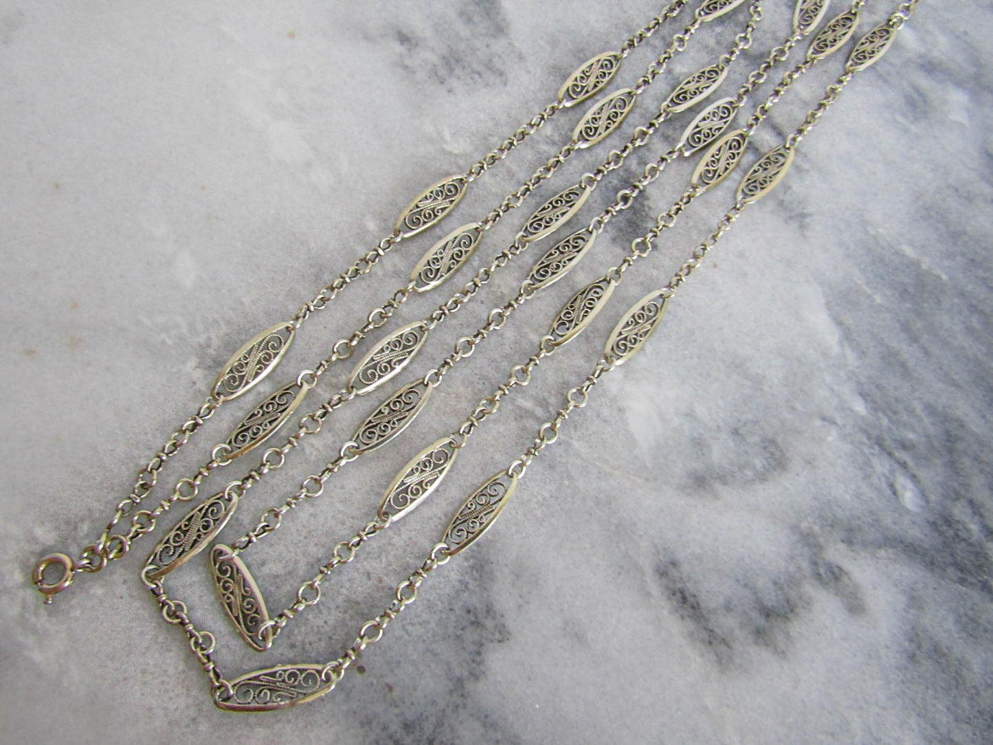 53.5" Antique French Silver Filigree Long Guard Chain, Victorian Muff Chain with hanging bolt ring