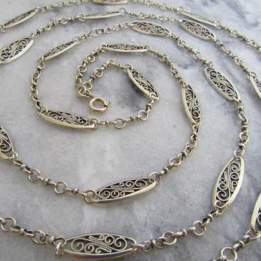 53.5" Antique French Silver Filigree Long Guard Chain, Victorian Muff Chain with hanging bolt ring