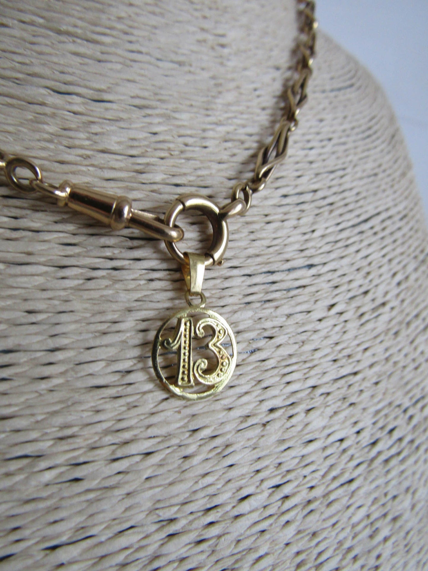 18k Vintage Lucky 13 Charm, Solid Gold Lucky Thirteeth Pendant