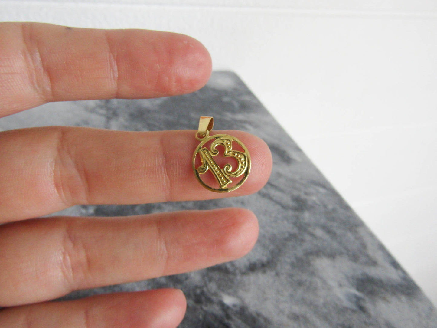 18k Vintage Lucky 13 Charm, Solid Gold Lucky Thirteeth Pendant